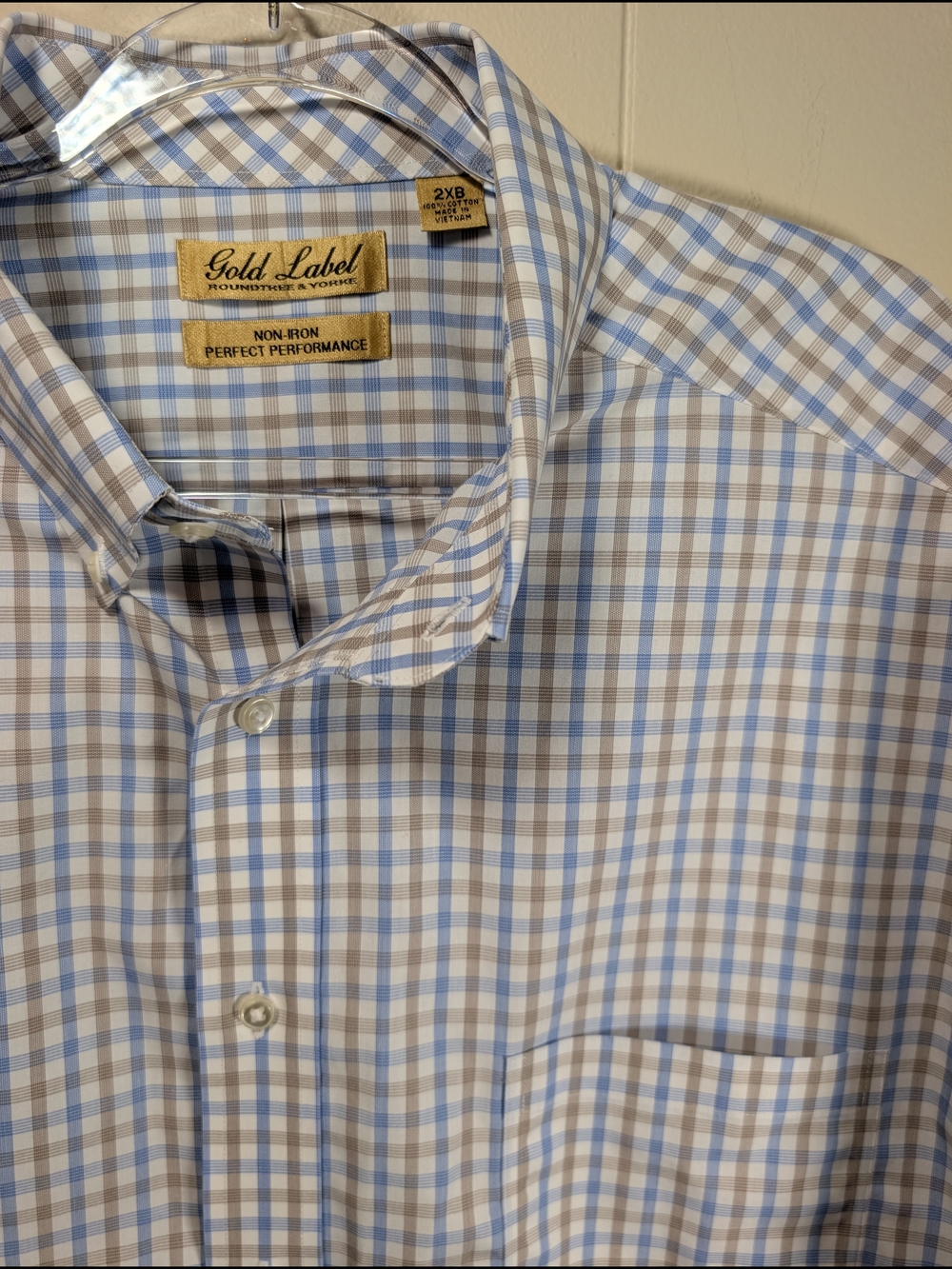 Gold Label Roundtree & Yorke Dress Shirt 2XB Blue Tan Plaid Non-Iron Button Down